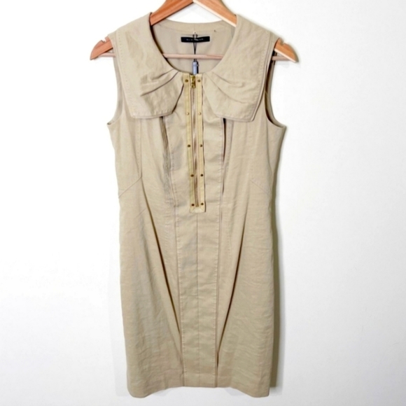 🅴 Elie Tahari Linen Khaki Sleeveless Sheath Dress, Front Gold Zipper & Studs - Picture 9 of 9